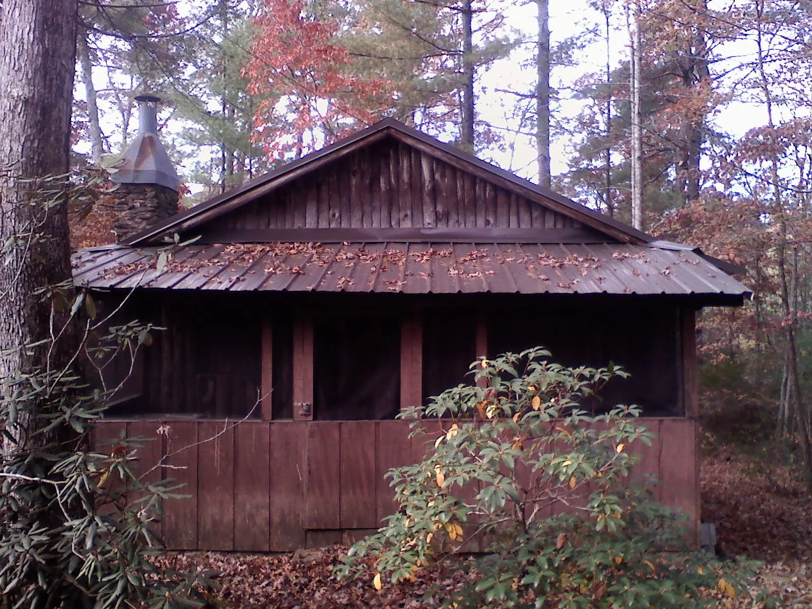 Metal roof over the screened porch of a rustic cabin in Luttrell