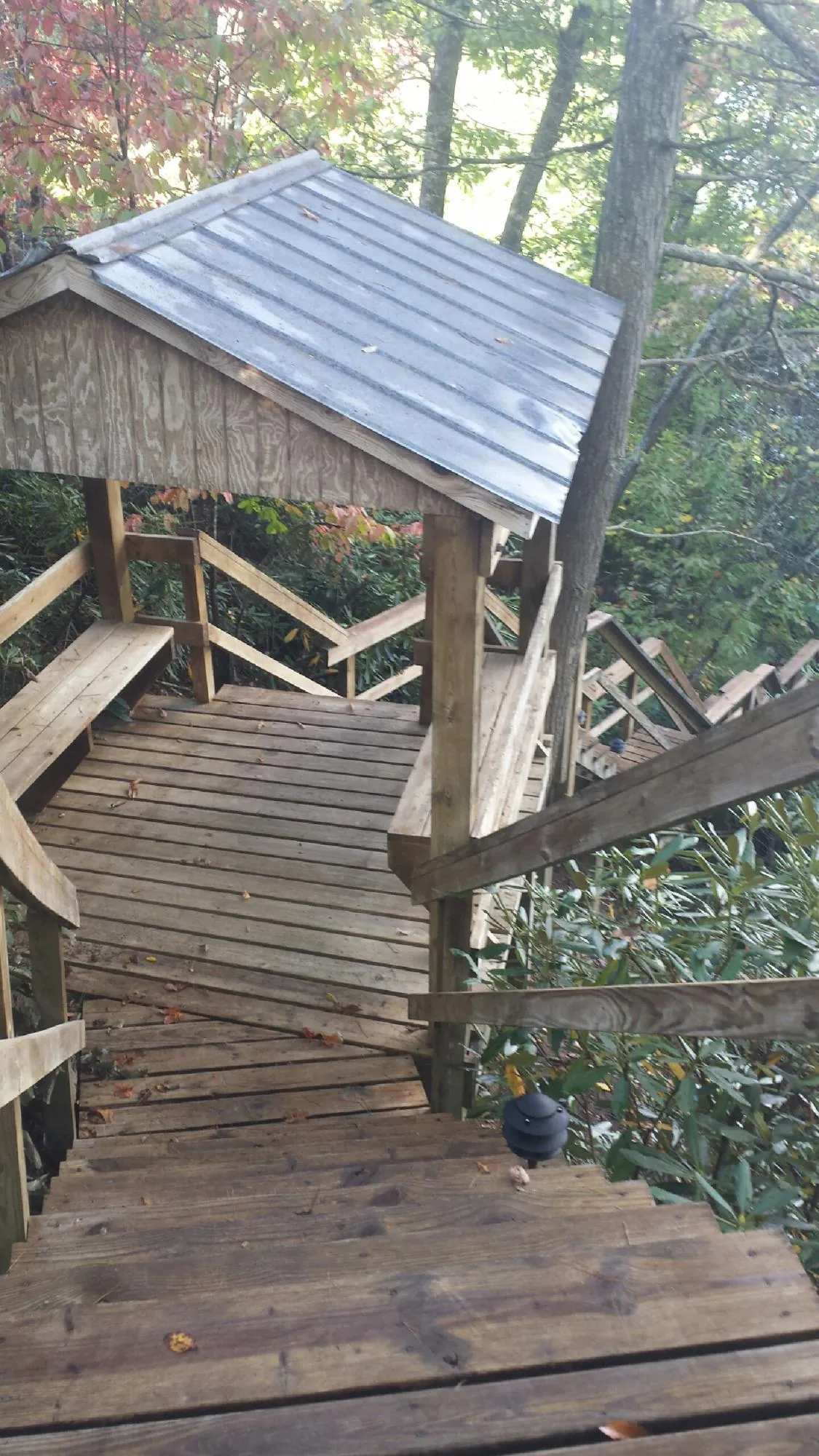Metal roofed shelter over wooden steps on a wooded walkway — Skylight Repair & Installation work by our crew in Luttrell